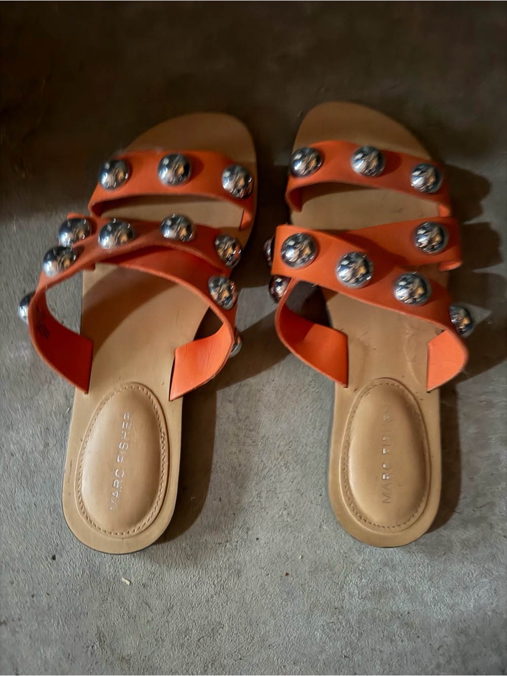 Marc Fisher Bryte Orange Leather Studded Slide Sandals